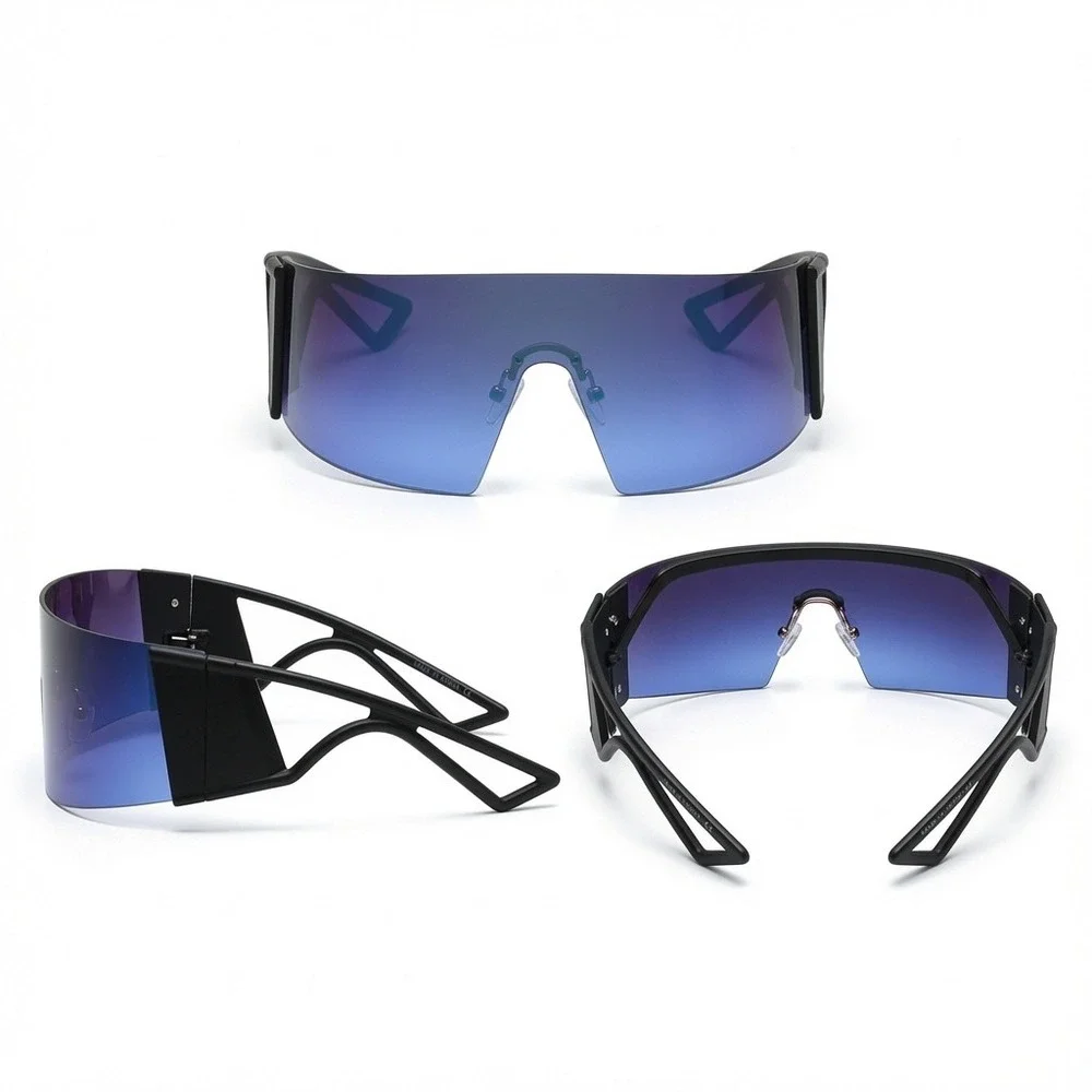 Womens Futuristic Shield Sunglasses Blue Gradient Rimless Visor Wrap Around 2026